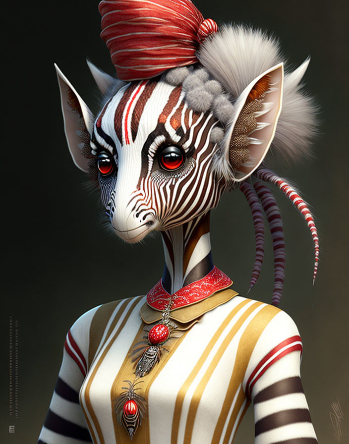 Fantastical creature with zebra-like stripes and red eyes wearing a turban and jewelry