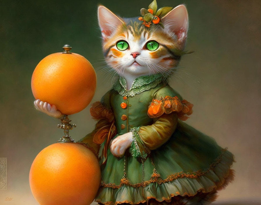 Anthropomorphic cat in green dress holding orange orb on pedestal