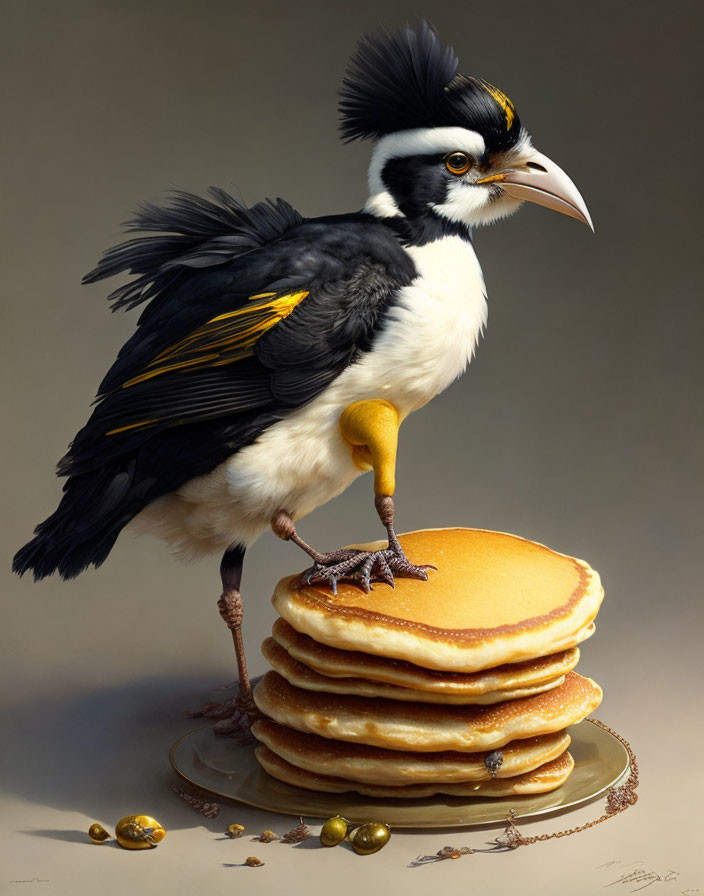 Stylized bird with human-like features on pancake stack with syrup and berries