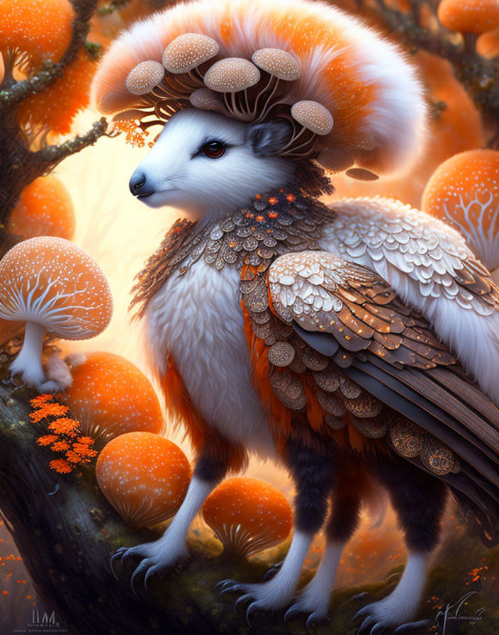 Fantastical white creature with fox-like face in enchanted forest surrounded by glowing mushrooms