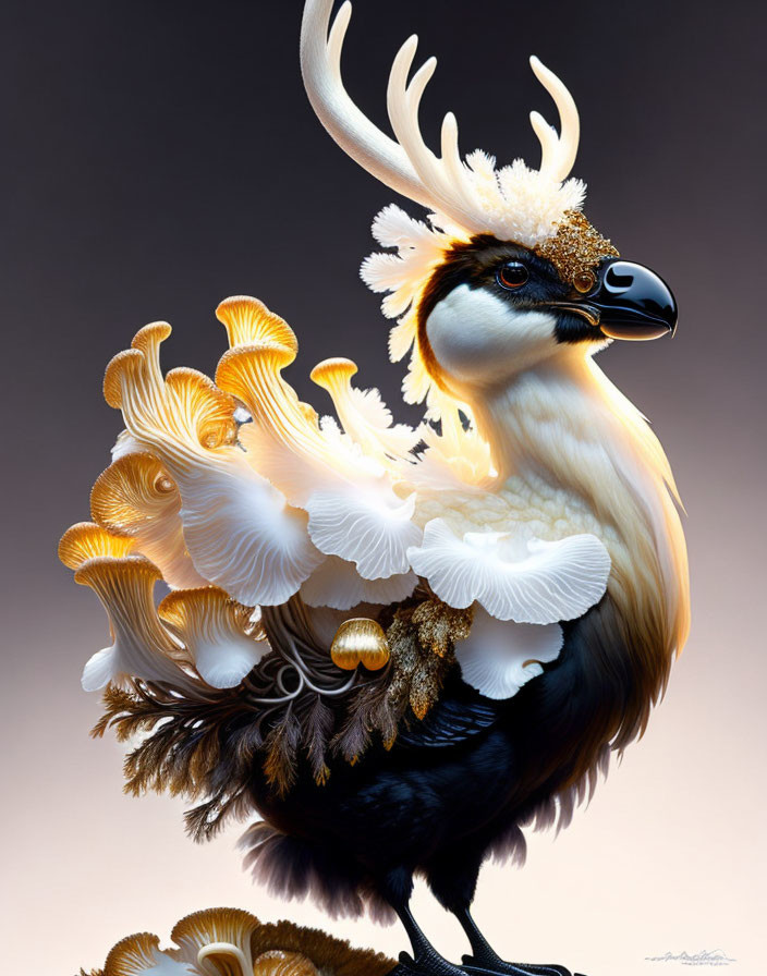 Fantastical bird with antlers and mushroom-like plumage on gradient background