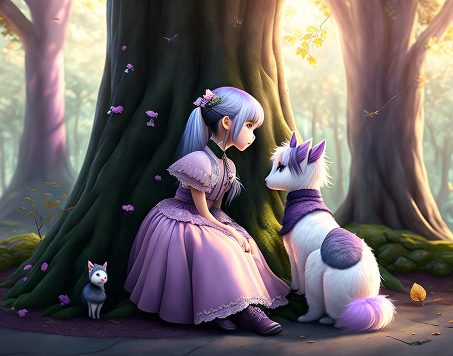 Girl in purple dress with white fox and mystical forest scenery