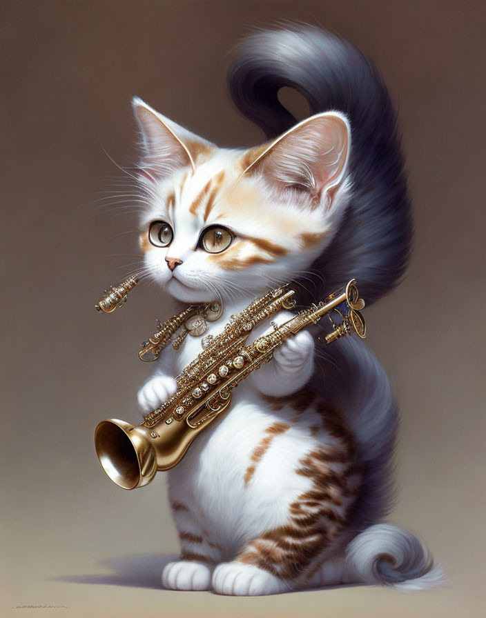 Orange and White Kitten Illustration with Golden Saxophone