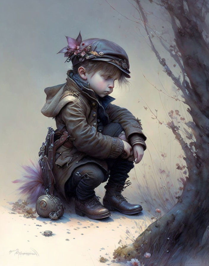 Whimsical steampunk child in gear-adorned hat by tree