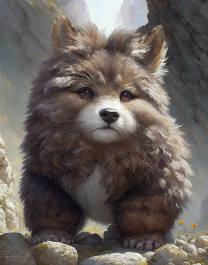 Mythical creature: Fluffy canine body, old man face, rocky backdrop