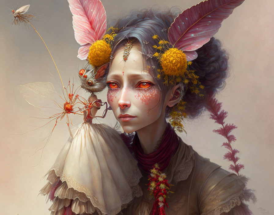 Fantastical portrait of female figure with animal-like ears and earth-toned makeup.