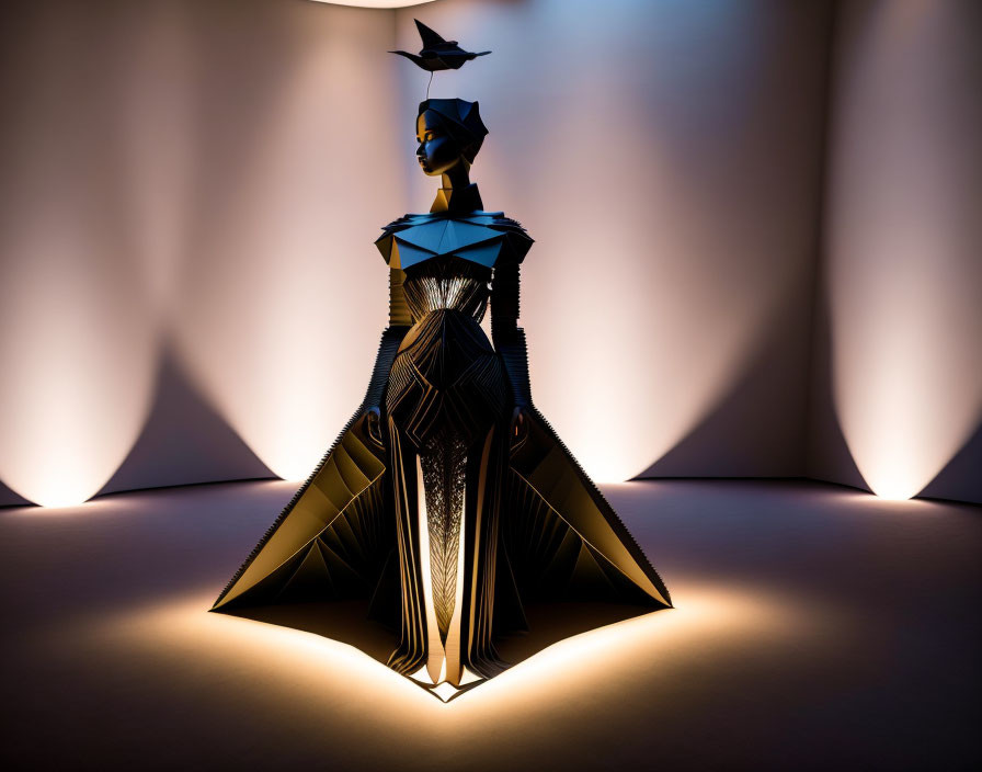 Avant-garde fashion mannequin under dramatic lighting