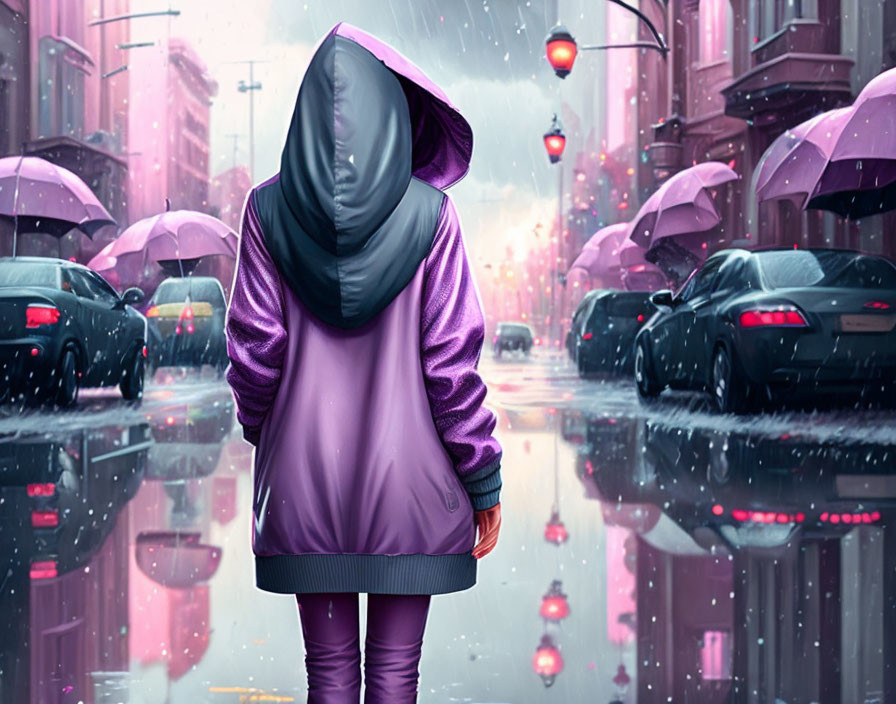 Person in Purple Raincoat Walking on Rainy Street with Glowing Streetlights