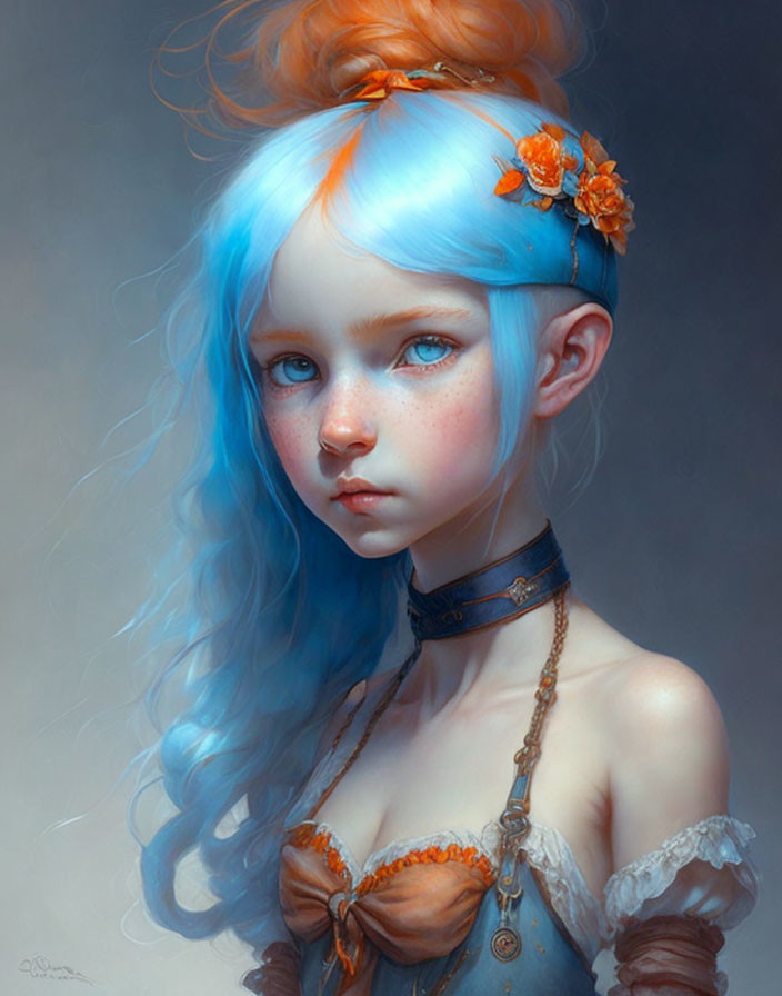 Digital Artwork: Young Girl with Blue Hair and Orange Flowers in Fantasy Setting