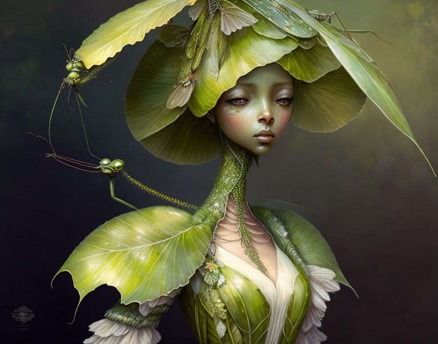 Fantasy illustration of woman with leafy elements and insects