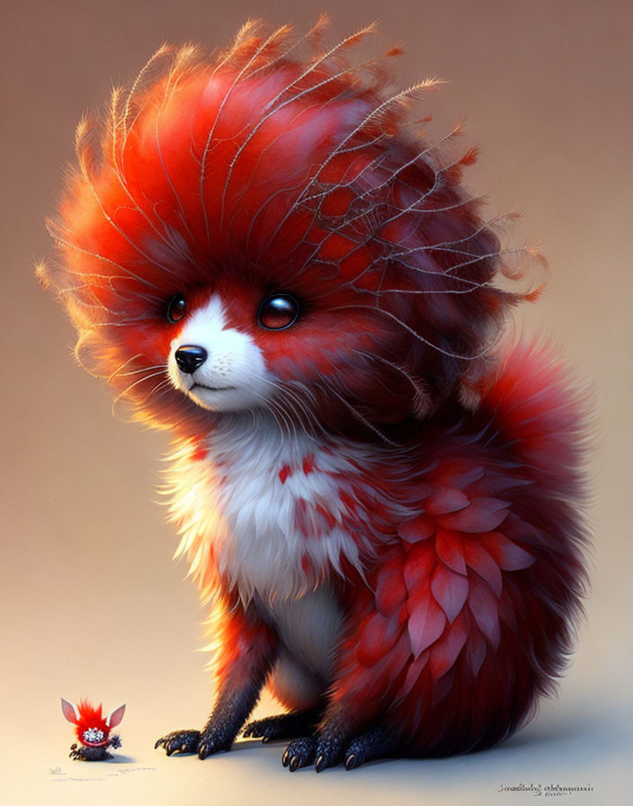 Colorful illustration of a fluffy creature with a fox-bird hybrid look