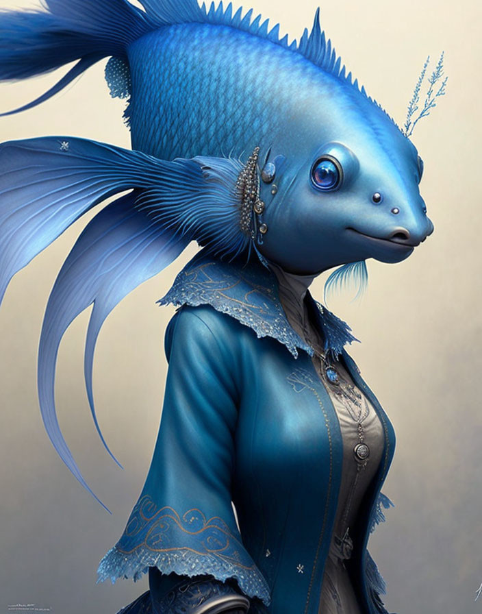 Anthropomorphic fish digital art: blue scales, large fins, silver jewelry, elegant jacket