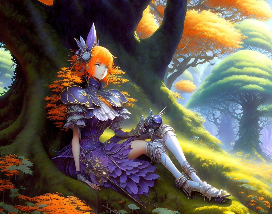 Mystical autumn forest scene with character in purple armor