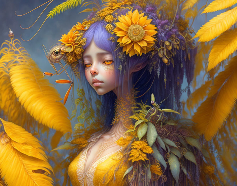 Digital artwork: Character with purple hair, sunflowers, feathers, and foliage, exuding nature-inspired