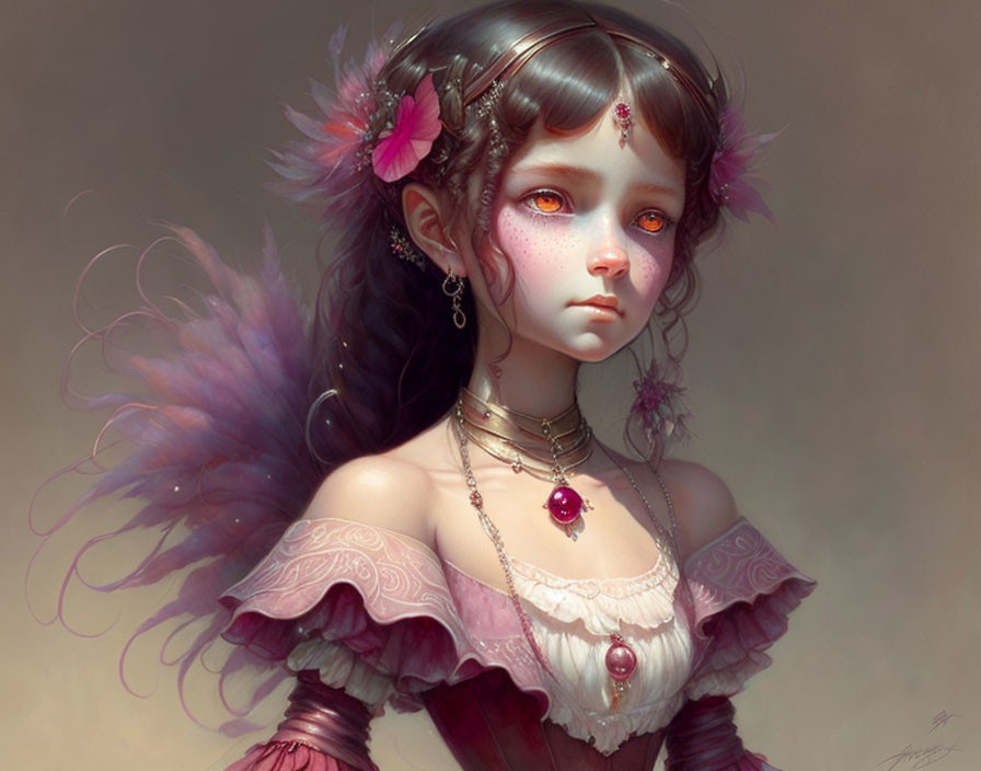 Young girl illustration with expressive eyes, ornate jewelry, and colorful feather wings.