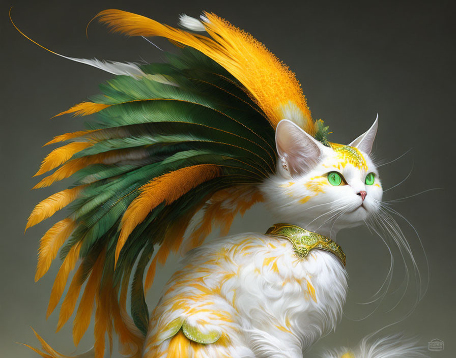 White Cat with Yellow and Green Feathers and Ornate Collar