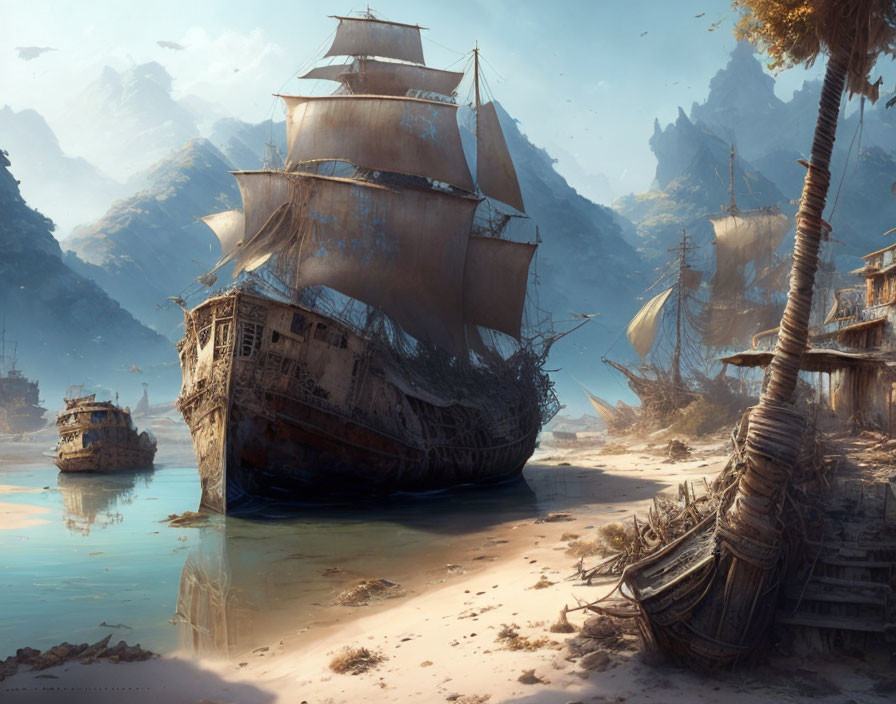 Tranquil beach scene with shipwrecks, calm waters, and mountain backdrop