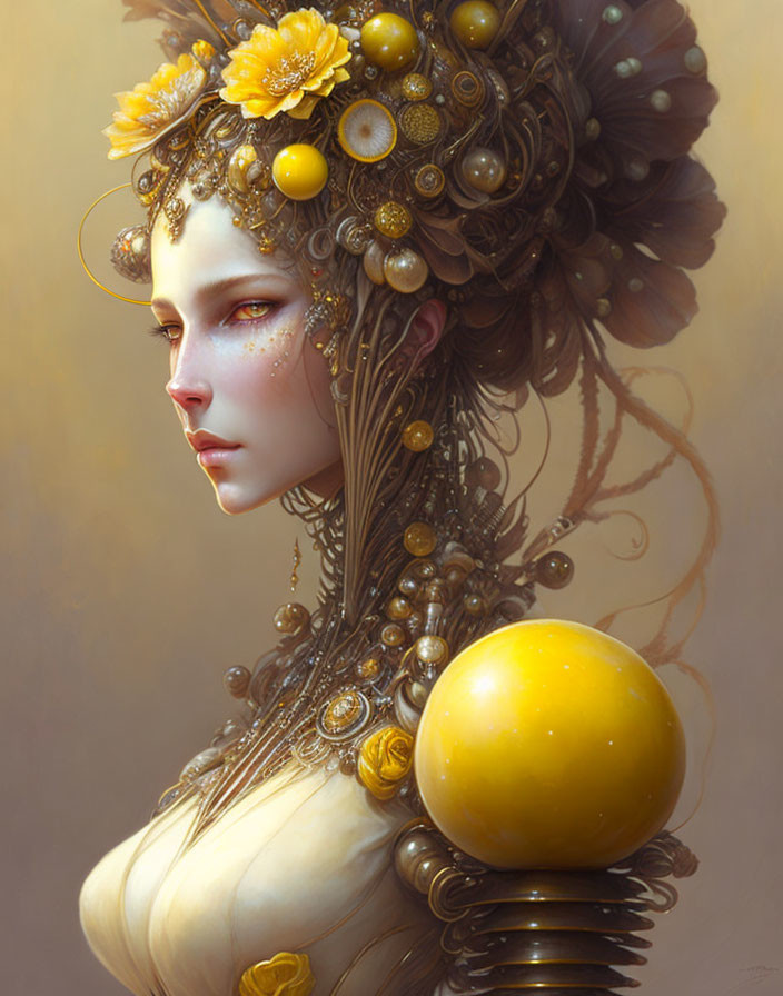 Illustrative portrait of a woman with golden hair ornaments and yellow sphere.