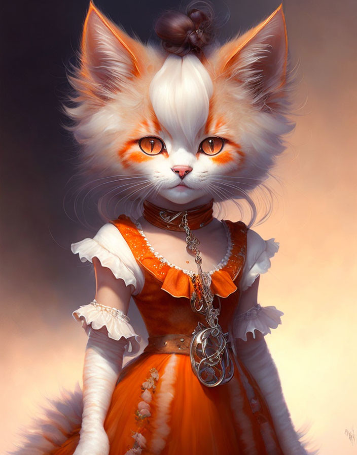 Orange and White Anthropomorphic Cat in Vintage Dress and Key Pendant