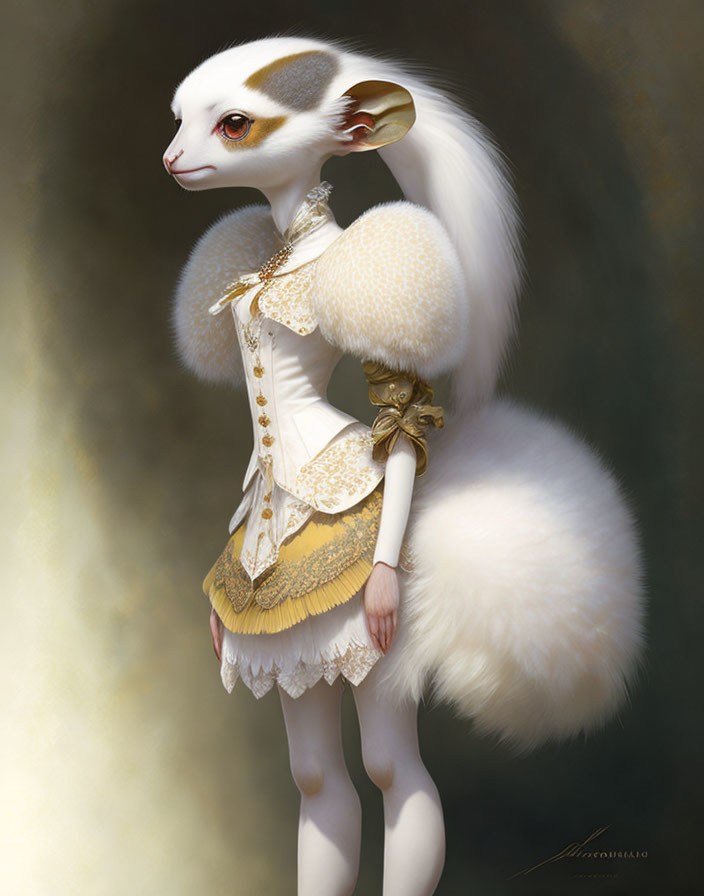 Elegant anthropomorphic creature in gold-accented white costume