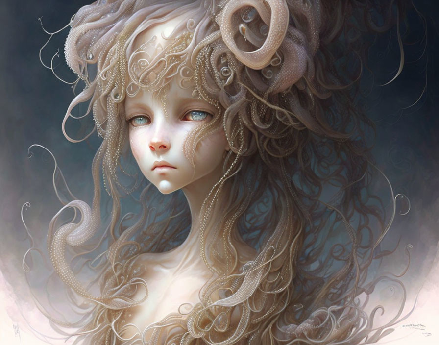 Detailed surreal portrait of a girl with swirling hair and pearls.