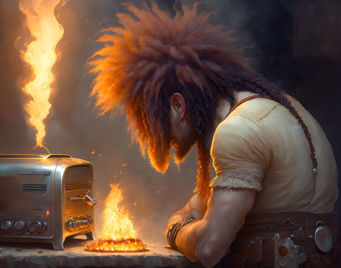 Elaborate hairstyle person gazes at fire from retro toaster