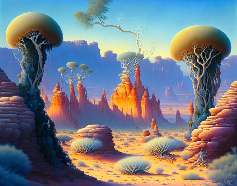 Surreal landscape with towering mushroom-like formations and red rocky spires