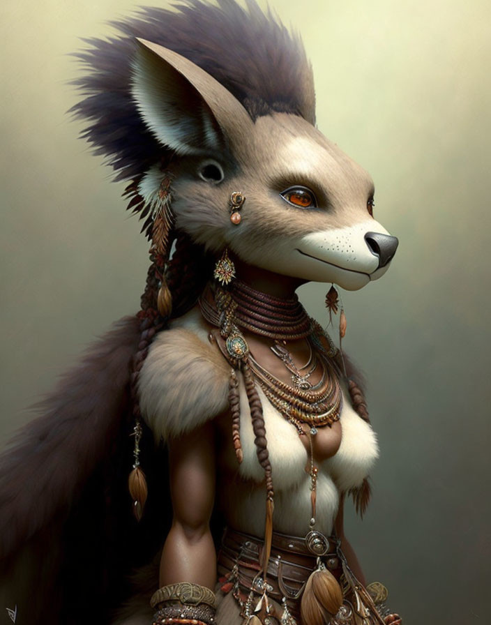 Fox character with jewelry, braids, and fur collar in portrait illustration