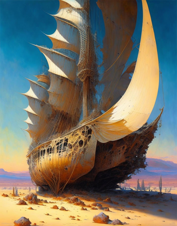 Ornate sailing ship stranded in desert under clear blue sky