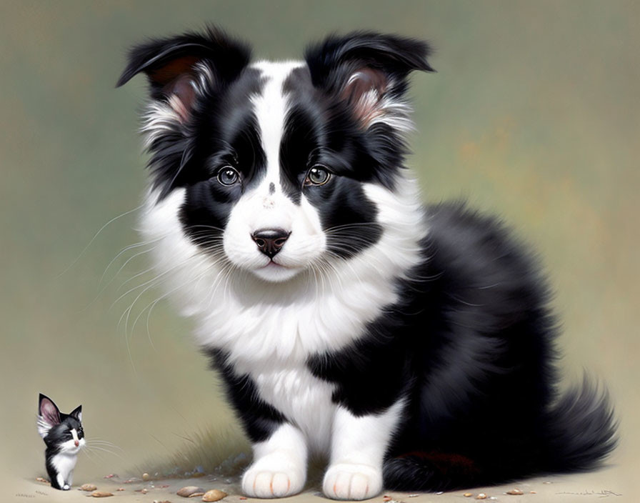 Black and white Border Collie puppy with floppy ears beside a small matching kitten