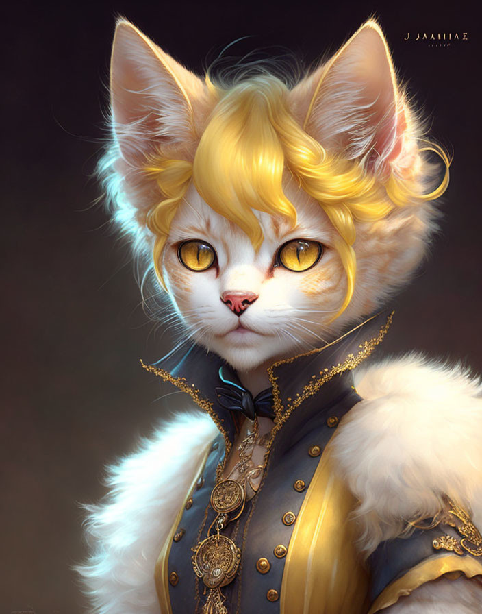 White Cat with Golden Eyes in Black and Gold Outfit