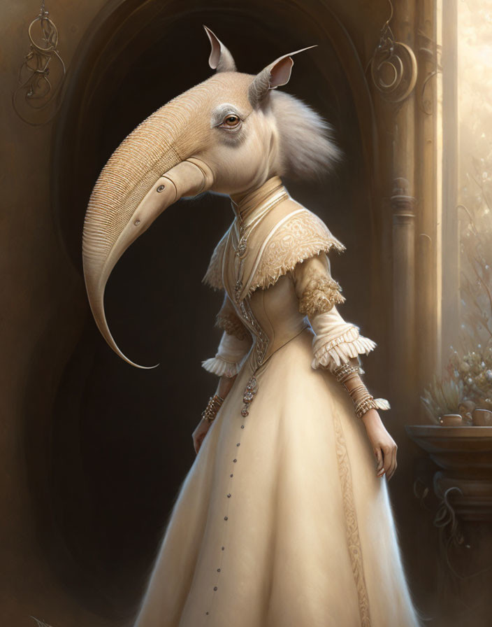 Elegant anthropomorphic elephant in ivory dress and antique jewelry