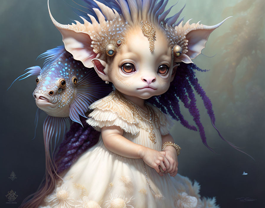 Fantastical creature with expressive eyes and horns next to vibrant fish on soft background