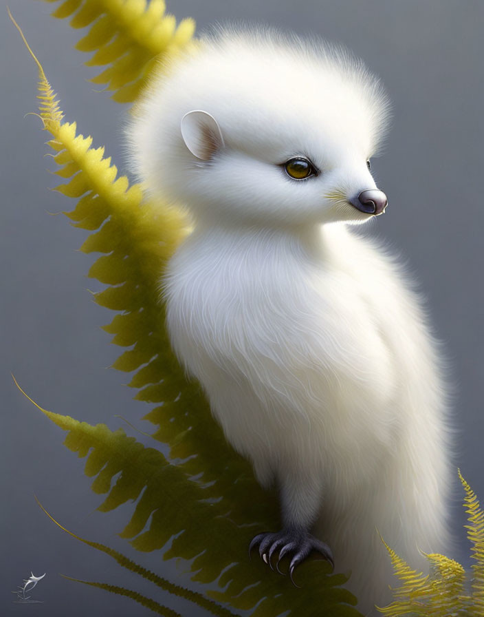 Fantastical white creature with fluffy fur and yellow eyes beside green fern leaves