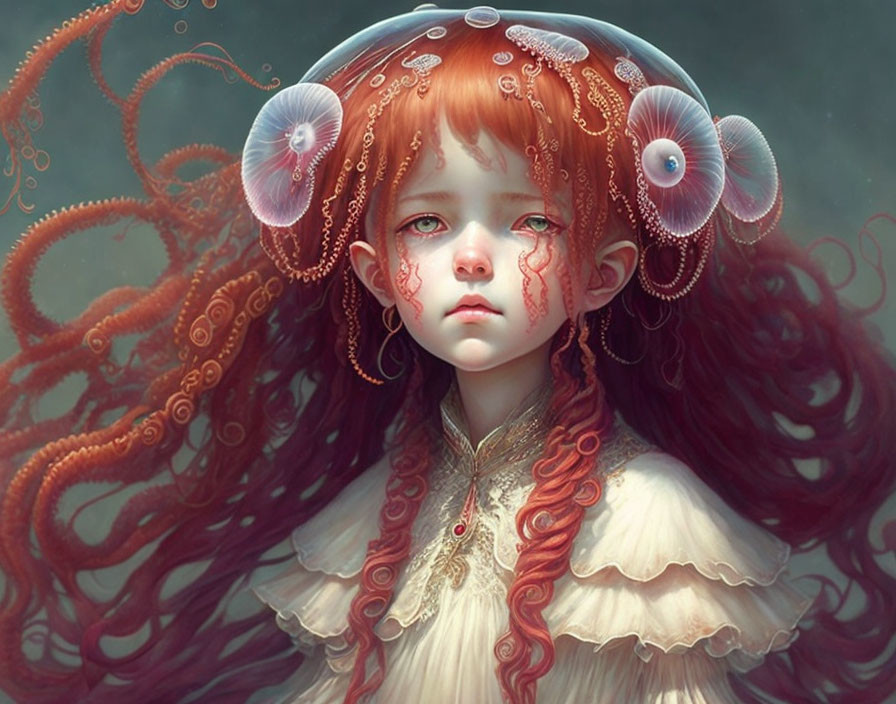 Red-haired girl with jellyfish-like head accessories in tentacle-filled scene