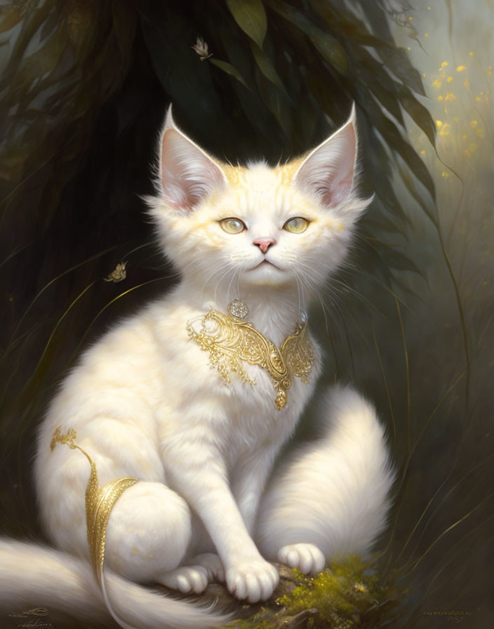 White Cat with Gold Jewelry Poses Among Soft Light and Petals