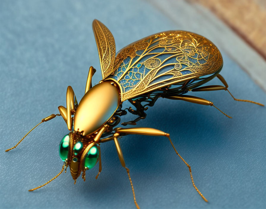 Metallic gold fly with emerald green eyes on blue surface