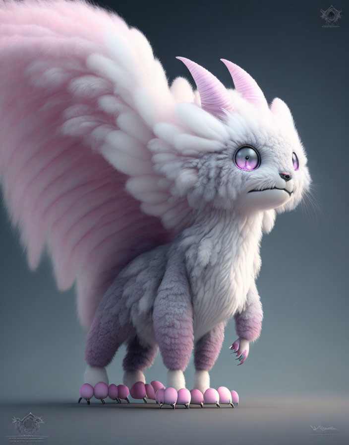 Pink-winged fantastical creature with multiple tails on grey background