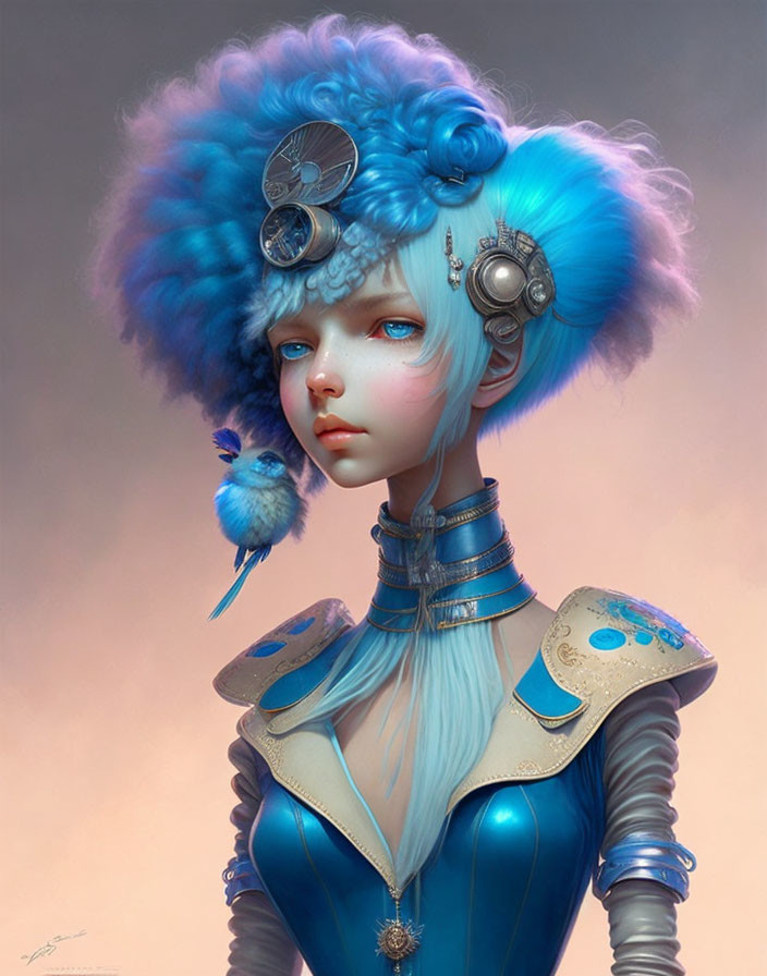 Blue-skinned female figure with steampunk attire and gear-accented blue hair artwork.