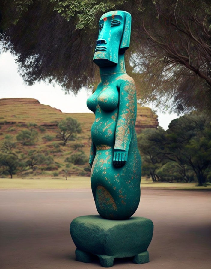 Turquoise humanoid figure sculpture in nature setting