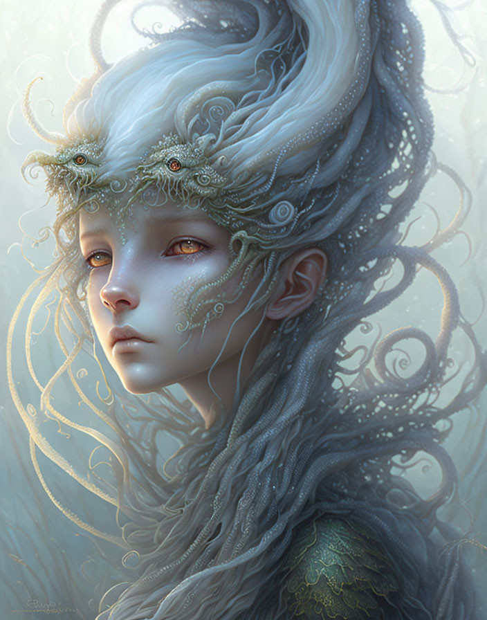 Ethereal figure with pale skin, silver hair, jeweled crown