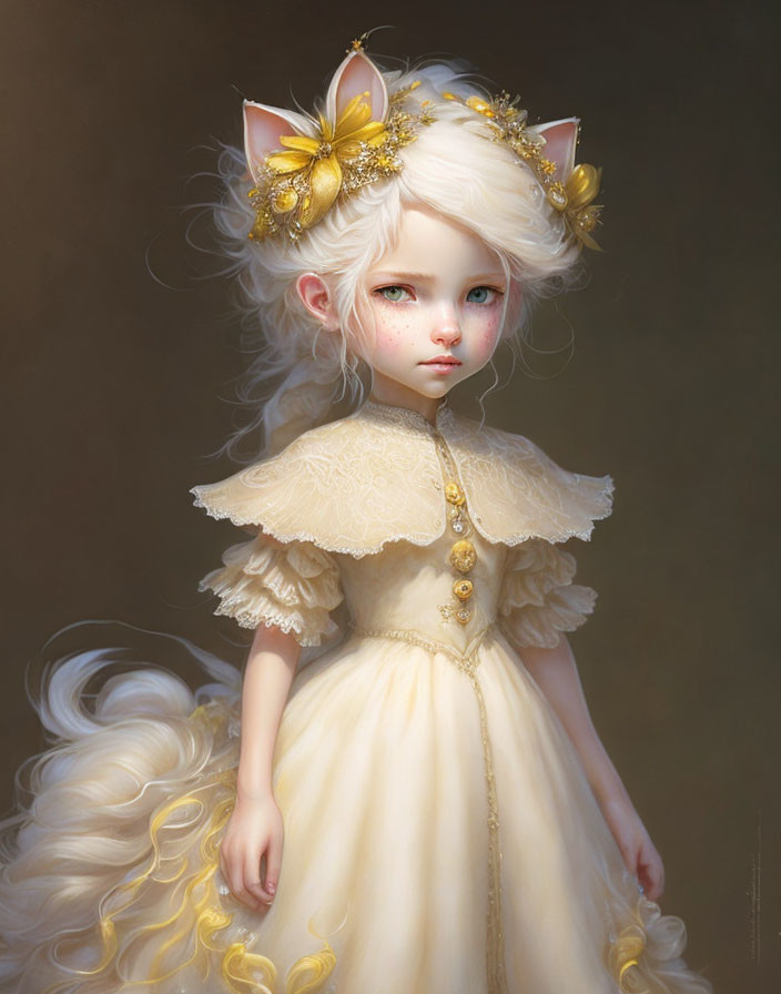 Fantasy illustration of girl with feline ears and golden hair accessories