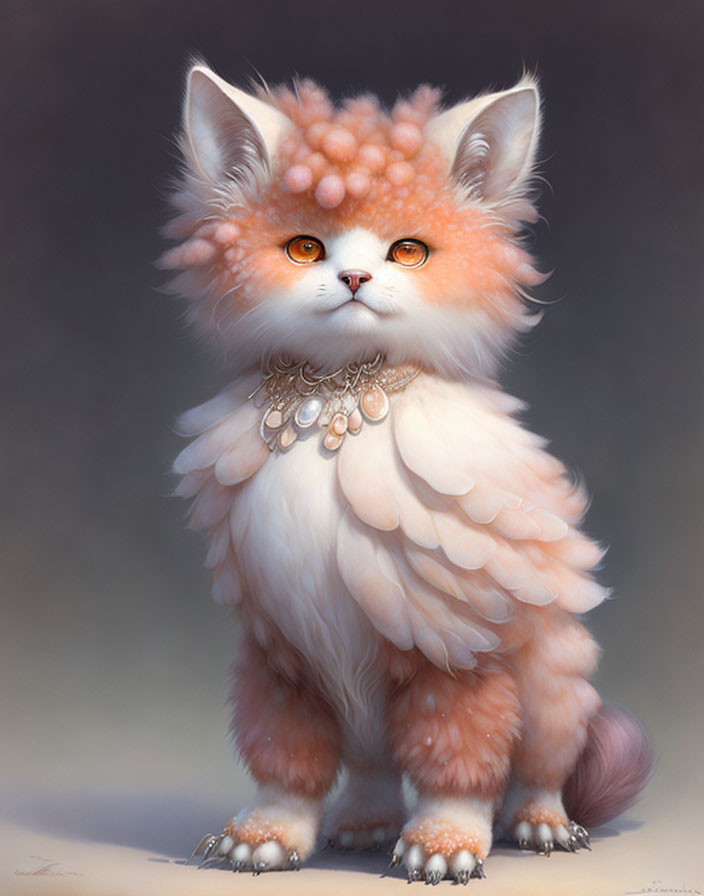 Whimsical white and orange cat with floral ears and pearl necklace