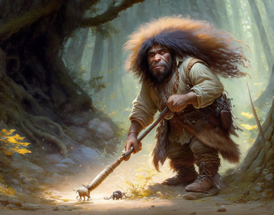 Fantasy artwork of small wanderer in fur hat with staff in sunlit forest.