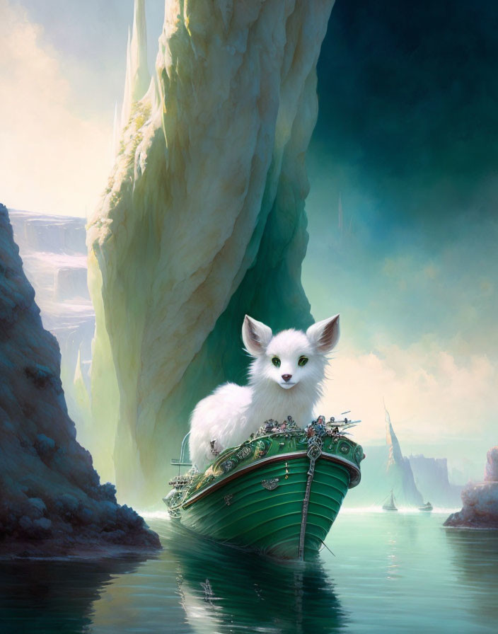 White Fox on Green Boat in Tranquil Waters with Ice Formations