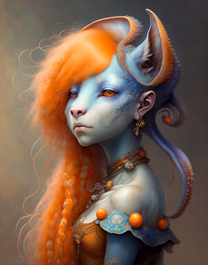 Blue-skinned female creature with orange hair and octopus-like features in fantasy portrait.