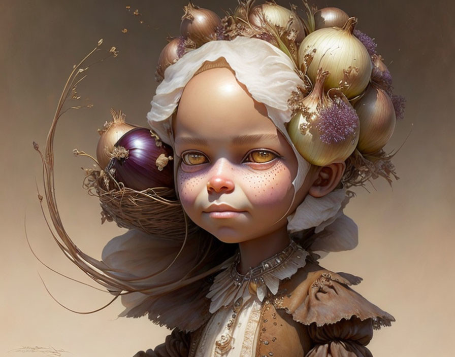 Child with expressive eyes and onion-garlic headdress on neutral backdrop