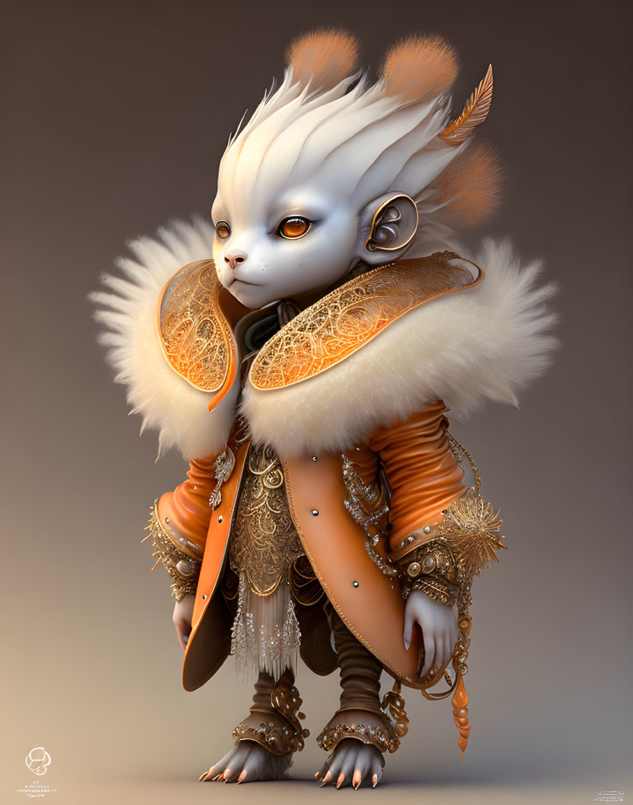 Regal white-furred creature in golden-orange attire