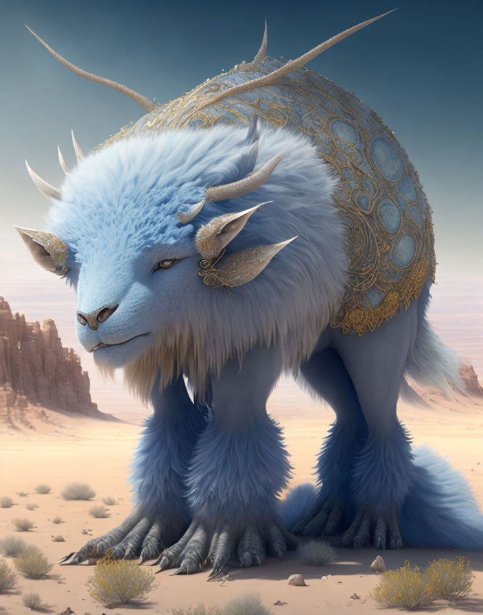 Blue-furred fantasy creature with golden armor in desert landscape