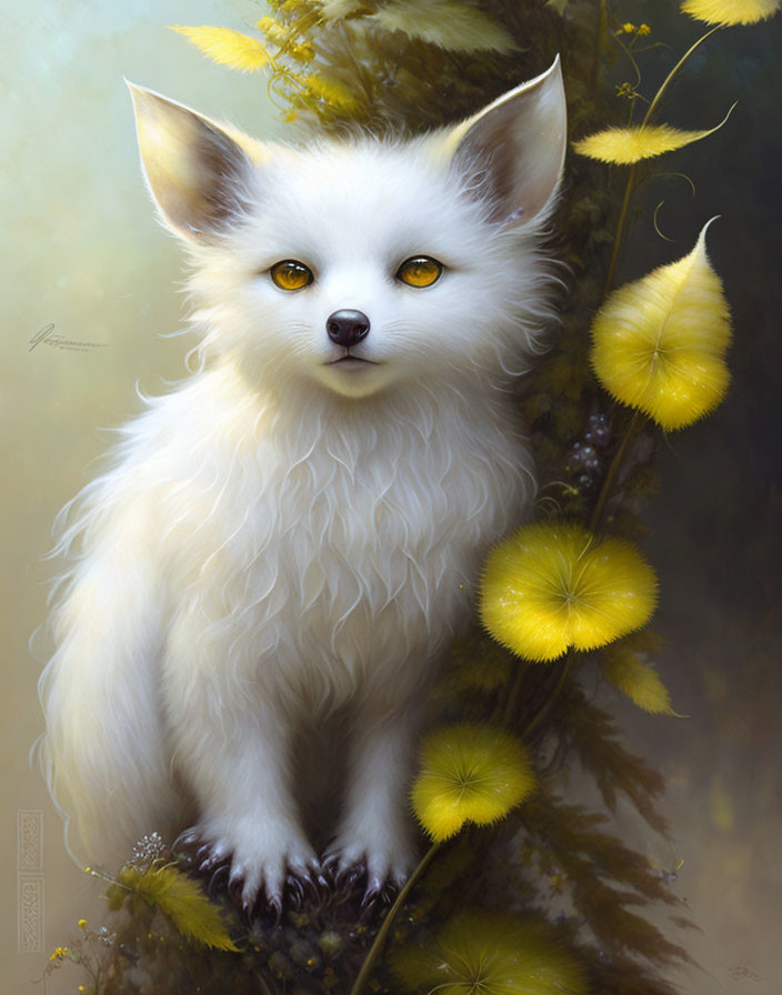 White fluffy creature with large ears in yellow blossoms illustration